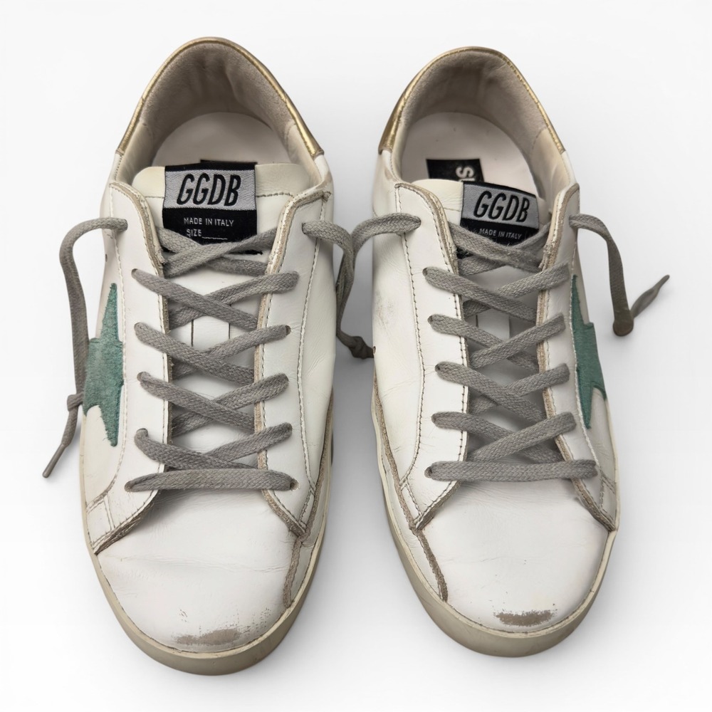 Golden Goose Super-Star Sneaker Womens 38 White Teal Gold Distressed Gray Laces - Picture 3 of 14
